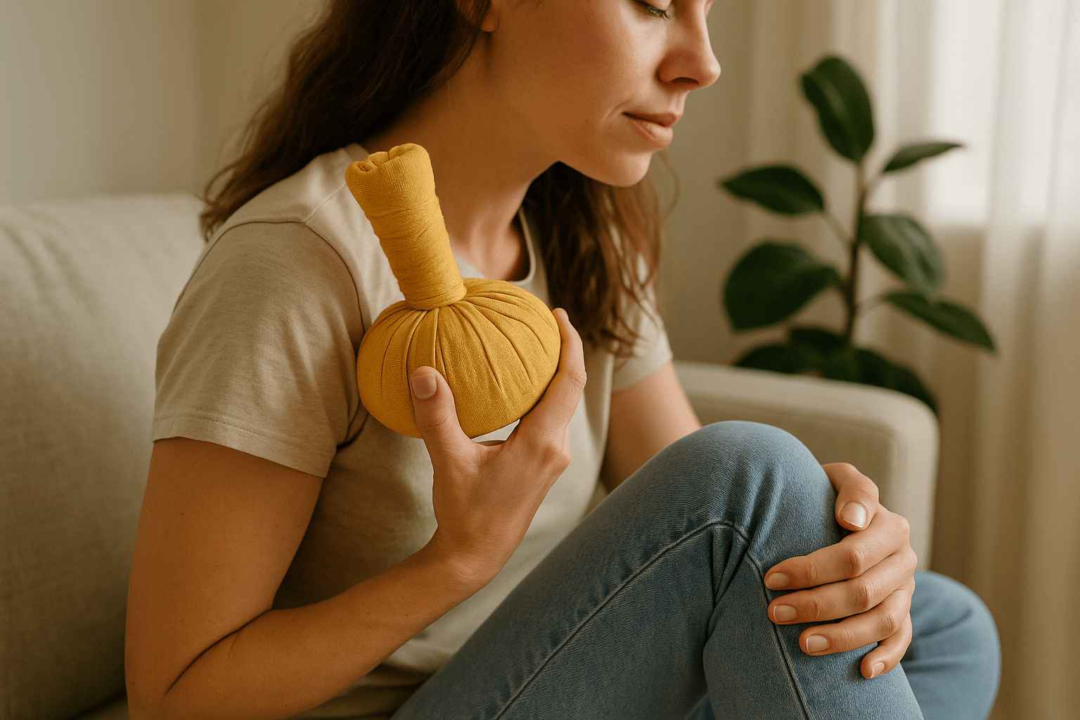 Woman using heated massage potli on shoulder for pain relief
